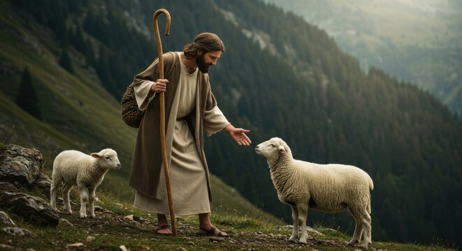 Jesus Christ as the good shepherd with lost sheep. Biblical representation of a parable. Christian imagery for teaching and religious concept.
