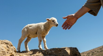 Naklejka premium Man's hand reaching out to a little lamb on a rock, symbolizing the lost sheep parable. Christian religious concept for faith.