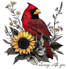 Cardinal on Sunflower PNG – High Resolution Bird and Flower Graphic for DTF, Sublimation, and Print Projects