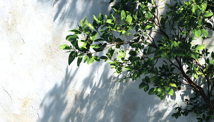Lush green leaves and delicate tree branches cast intricate shadows with soft sunlight filtering through onto a smooth white concrete wall, creating a serene natural backdrop for wallpapers and desi