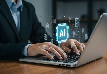Person using a laptop with a glowing AI processor chip and checkmark icons, symbolizing artificial intelligence development and successful integration.