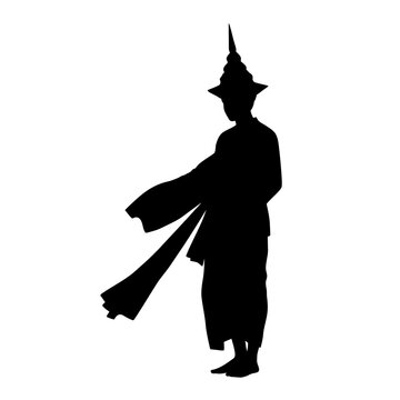 Traditional Thai dancer silhouette in elegant pose, wearing crown headdress, vector illustration. Perfomance and folklore, heritage. Traveling and tourism 