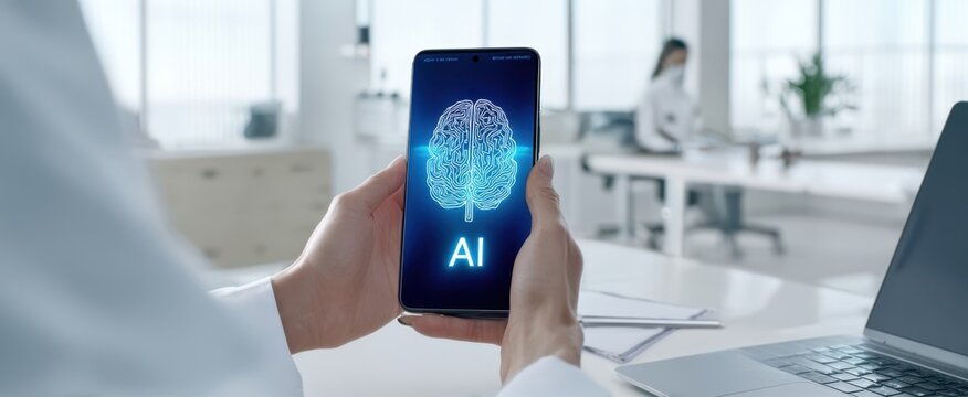 The smartphone displaying artificial intelligence and brain visualization in a modern workspace