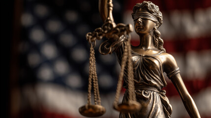 Statue of Lady Justice with Scales Against American Flag Background