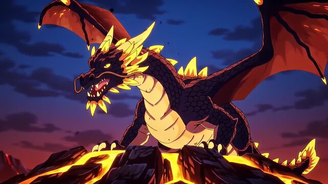 Winged black dragon perched on lava rock against a dark and cloudy twilight sky