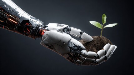 Super realistic chrome robot hand gently holding a green seedling without soil on dark background, symbolizing futuristic technology, growth, nature and innovation concepts combined