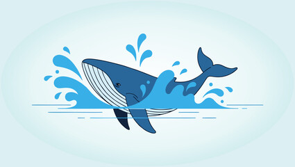 A blue cartoon whale leaping and splashing water, illustrated in a playful style perfect for kids and ocean themes.