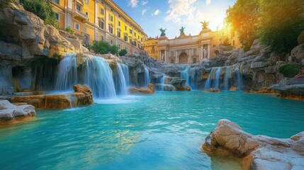 Trevi Fountain in Rome, Italy. Trevi Fountain is an 18th-century fountain in the Trevi district in Rome, Italy. Architecture and landmarks of Rome