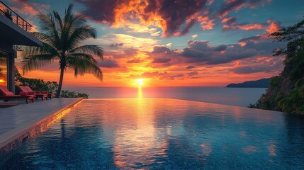 Tropical Infinity Pool at a Luxury Resort With Palm Trees and Lounge Chairs, the Ocean at sunset