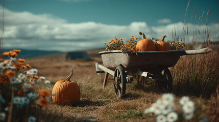 A rustic wheelbarrow filled with pumpkins and flowers sits in a field. Bright orange pumpkins are placed beside the wheelbarrow. The sky is clear with scattered clouds.
