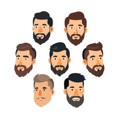 Illustration showing a set of eight stylized bearded men faces with different angles and hair styles created with generated ai