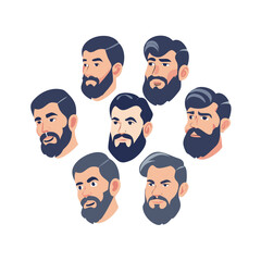 Illustration showing a set of eight stylized bearded men faces with different angles and hair styles created with generated ai