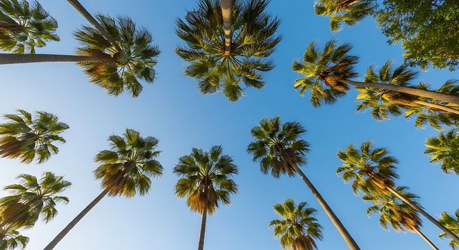 Low angle view of palm trees reaching towards the clear blue sky creates a serene tropical