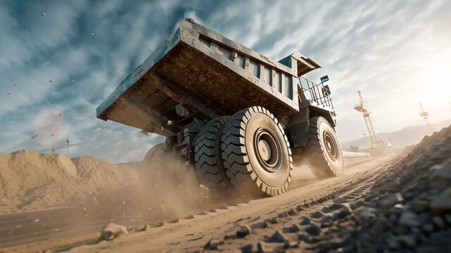 Giant Haul Truck in Action: The impressive dump truck, a workhorse of industry, navigates a challenging terrain. Captured in a realistic shot.