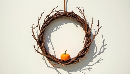 Decorative Autumn Wreath with Twigs and Small Pumpkin Against Clean Light Background