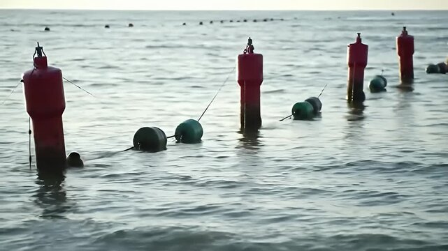 Row of red & green buoys mark ocean's surface, gentle waves roll towards the horizon