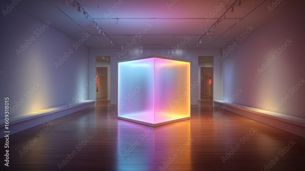 Poster abstract glowing cube billboard displayed in modern art gallery inviting visitors to engage with con