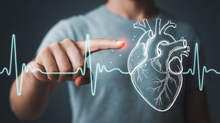 A digital illustration of a hand touching a floating holographic heart display.