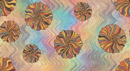 Psychedelic floral pattern with vibrant retro colors and wavy texture backdrop