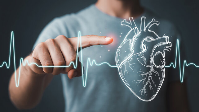 A digital illustration of a hand touching a floating holographic heart display.