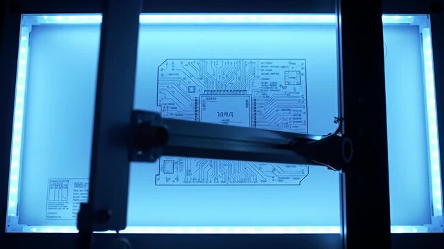 Blue-lit drafting table with technical diagrams of circuit board schematics and measurement