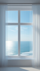 Closed White Framed Window with Four Panes Overlooking Calm Ocean Under Bright Sky