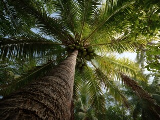 Obraz premium Green fronds of a tropical coconut palm tree sway against a brilliant blue sky, evoking a feeling of summer vacation and island paradise
