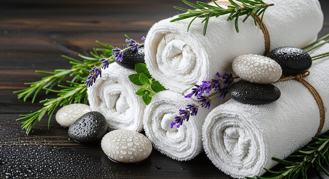 Rolled white towels, zen stones, and lavender create a tranquil spa scene.
