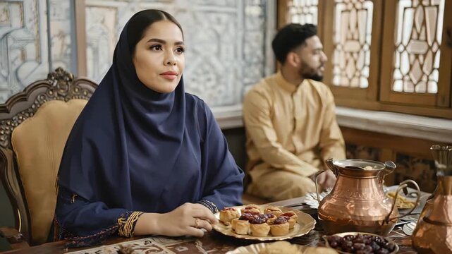 Muslim woman in hijab softly smiling during iftar at a traditional Ramadan table with Arabic sweets, dates, and copper teaware in a warm Middle Eastern interior
