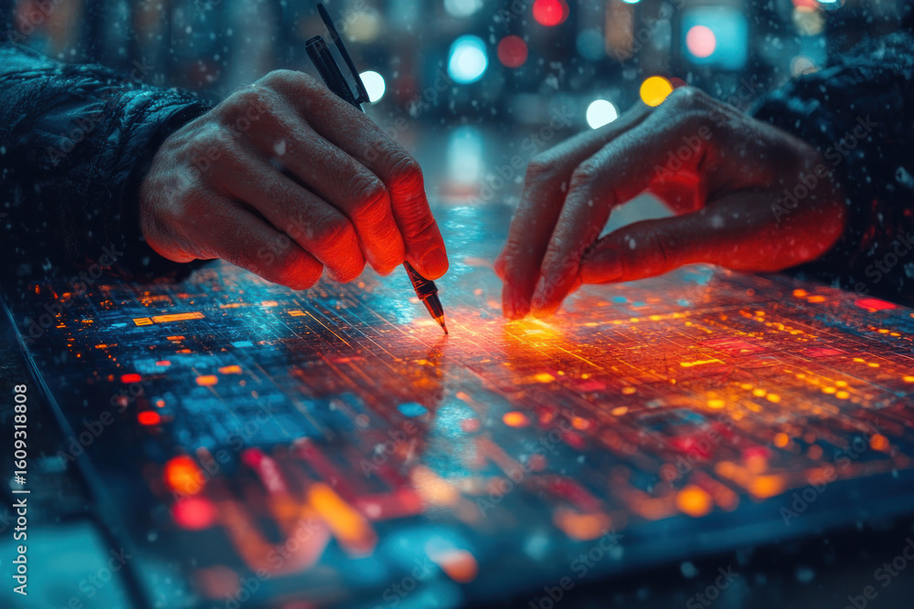 Poster futuristic image of male hands interacting with a bright digital interface or high-tech circuit.