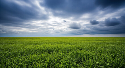 Fototapeta premium A vast green field beneath a dramatic sky filled with dark, ominous clouds.