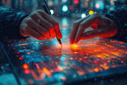 Futuristic image of male hands interacting with a bright digital interface or high-tech circuit. - Powered by Adobe