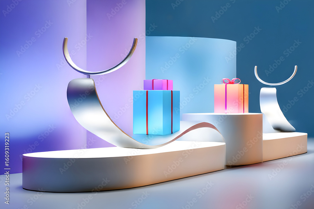 Poster modern display featuring colorful gift boxes on sleek podiums with abstract shapes and soft lighting