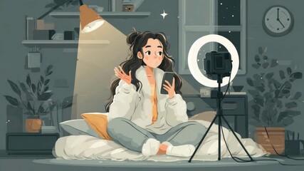 Cozy art illustration, young person record video at home, smart cell mobile phone. Ring light camera setup, creative content creation. Digital, social media, remote work. Girl blog, blogger shoot vlog