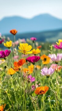 Colorful daisy flowers field meadow mountain vibrant wildfloers bloom scene