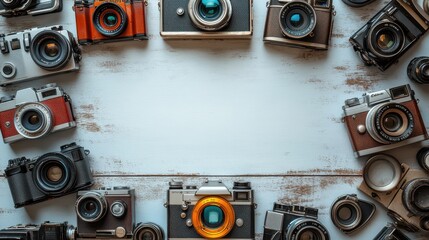 Vintage Camera Collection, A picture frame with lots of retro cameras