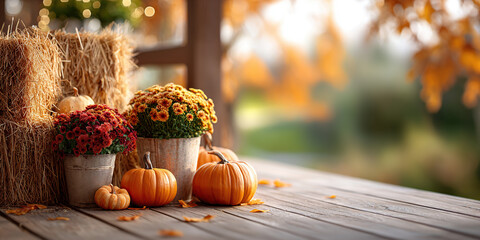 Fall Banner. Pumpkins and mums placed on a wooden porch next to bales of hay, surrounded by autumn leaves. This rustic arrangement creates a cozy backdrop for a harvest or Thanksgiving celebration