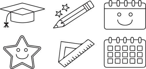 Isolated black solid icons for school celebration theme, includes graduation cap, smiley face, star, confetti, ruler, calendar, and pencil for academic event visuals