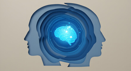 Paper cut-out human head profiles with a glowing brain. Represents artificial intelligence, mental health, psychology, and shared ideas.