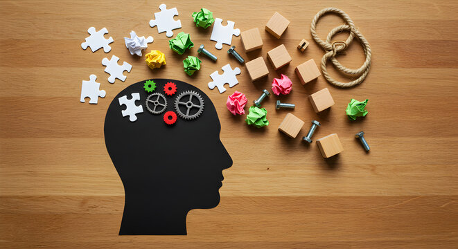  Silhouette of a human head with various objects symbolizing thoughts and ideas. Represents creativity, problem-solving, and mental processes.