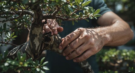 A person tending to a bonsai tree with their hands showing the detail of the tree trunk and leaves