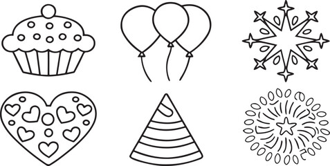 Isolated black vector icons for 100 days of school party, featuring cupcake, celebration balloons, dancing children, fireworks, heart symbol, and festive elements