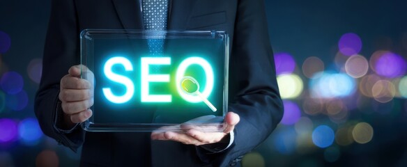 The Businessman Holding a Transparent Sign Featuring SEO Keywords at Night
