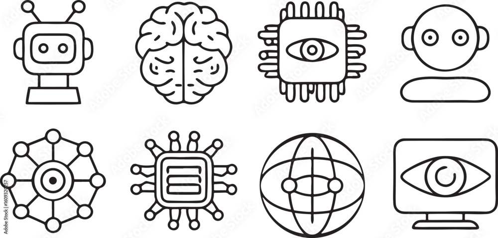 Poster isolated black artificial intelligence icon set, includes robot, brain chip, neural network, machine