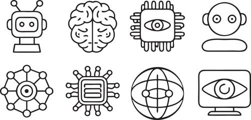 Fototapeta premium Isolated black artificial intelligence icon set, includes robot, brain chip, neural network, machine learning, automation system, face recognition, and AI symbols