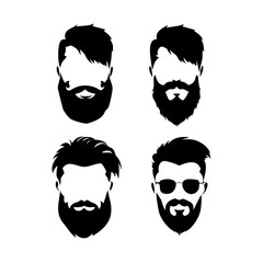 Set of silhouette bearded men faces hipsters style with different haircuts. Vector illustration.