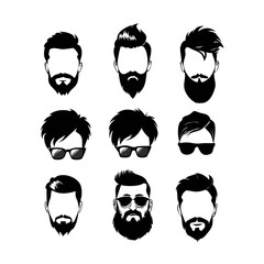 Set of silhouette bearded men faces hipsters style with different haircuts. Vector illustration.