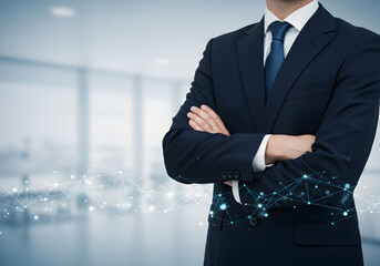Businessman in suit with crossed arms, global network overlay. Concepts of leadership, technology, and success in a modern office.