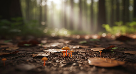 Mushrooms in a sunlit forest create a peaceful and enchanting nature scene.