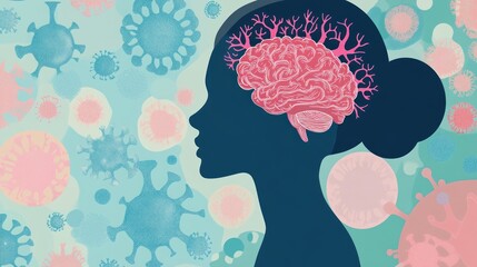 Profile of woman's head with brain and virus particles